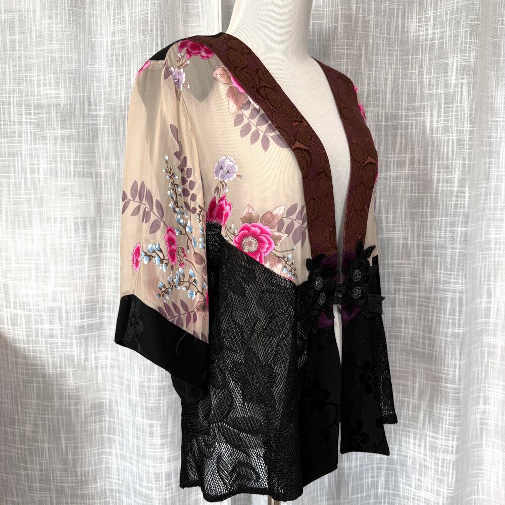 VTG Spencer Alexis Silk Blend Kimono Top L Floral Mesh Whimsical Feminine Artsy - Picture 2 of 15